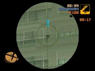 Claude looking at a Leone Family mobster through the cross hairs of a sniper rifle.