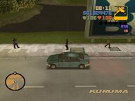Claude performing a drive-by shooting on a Red Jacks gangster.