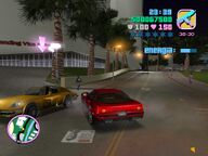Tommy Vercetti crashing his car into Mrs. Dawson in her Comet.