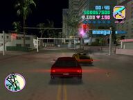 Mrs. Dawson's Comet about to explode after being hit repeatedly by Tommy Vercetti.