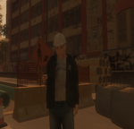 A builder in GTA IV, holding a sign to warn drivers about the working area