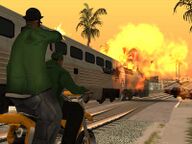 Carl Johnson using a Sanchez to chase the Los Santos Vagos gangsters on the Brown Streak train, whilst Big Smoke attempts to kill them