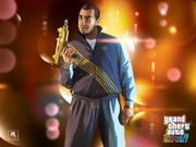TBoGT artwork of Yusuf Amir holding his Gold SMG.